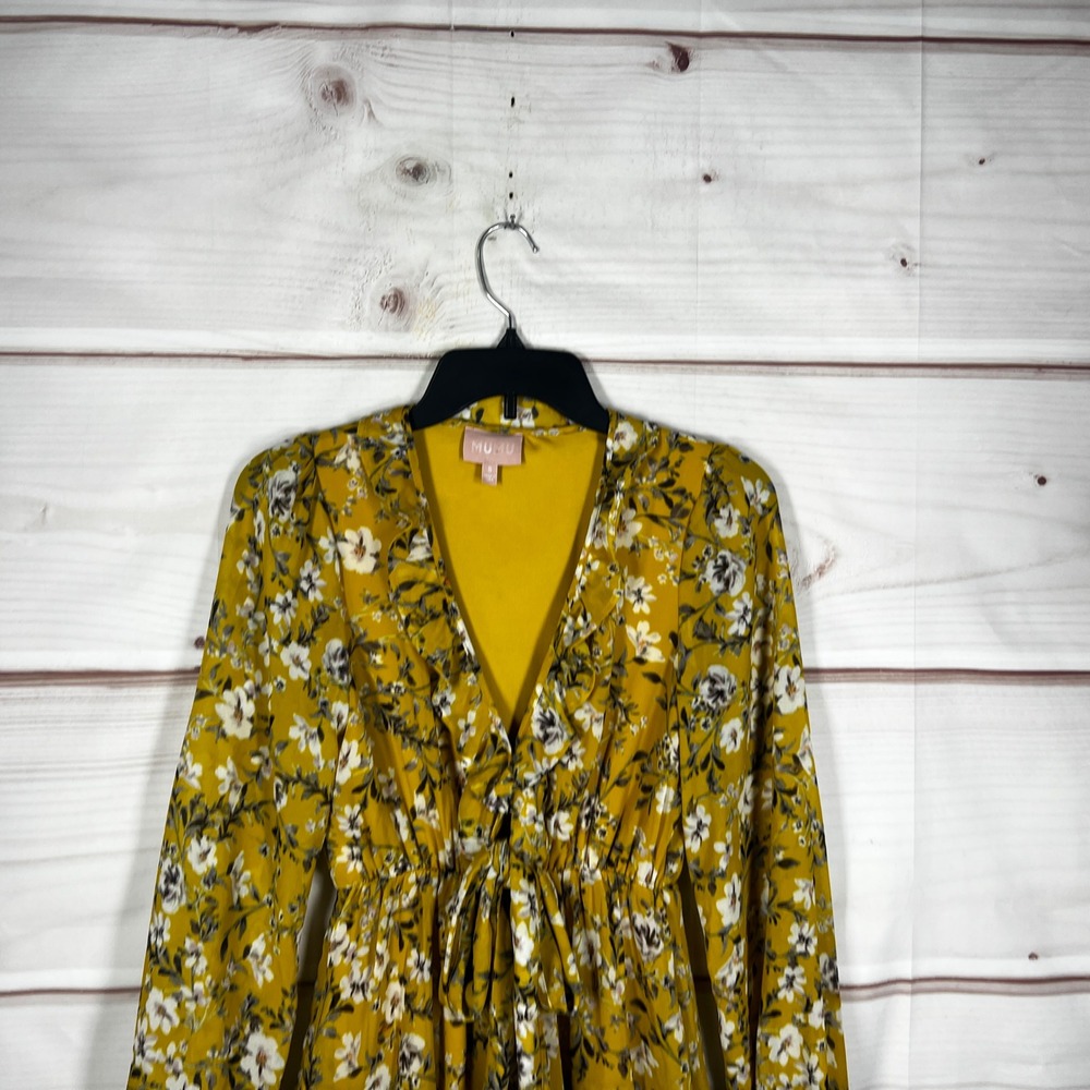 Show Me Your MUMU Floral Mini Dress Womens S Yellow V-Neck Ruffle Tie Waist - Picture 7 of 10
